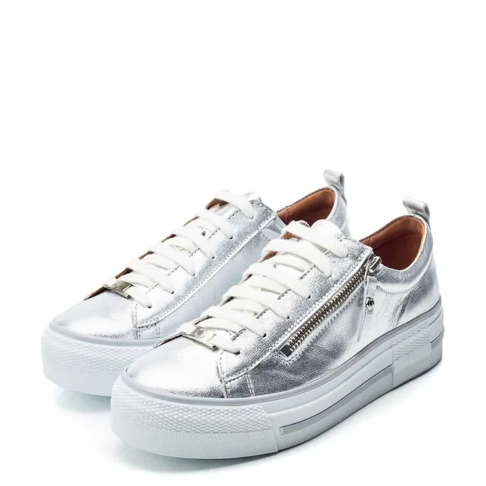 Women Moda In Pelle Casual Trainers Filician Silver Metallic Leather