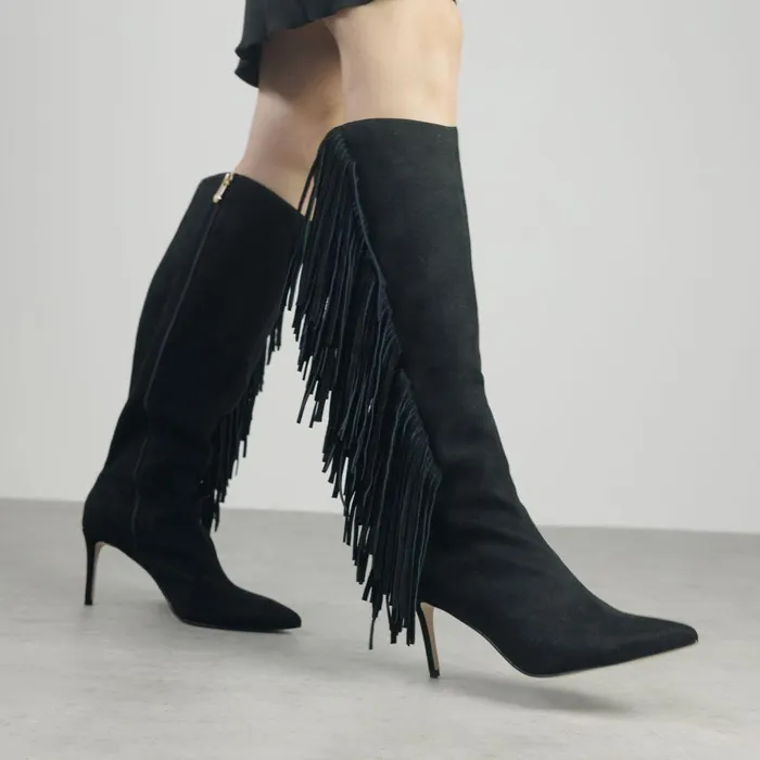 Women Moda In Pelle Knee High Boots Toulon Black Alcantara