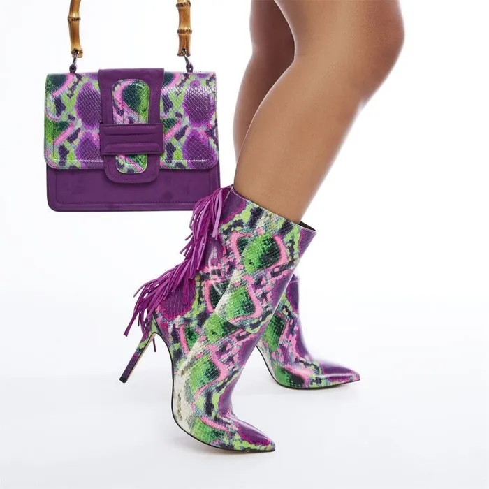 Women Moda In Pelle MidCalf Boots Oliivia Purple Snake Print Leather