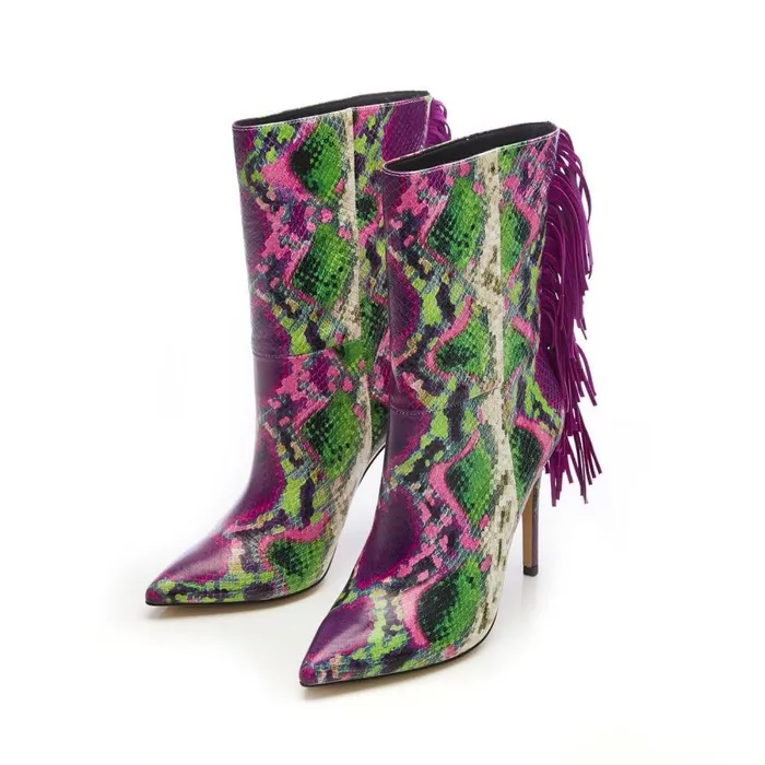 Women Moda In Pelle MidCalf Boots Oliivia Purple Snake Print Leather