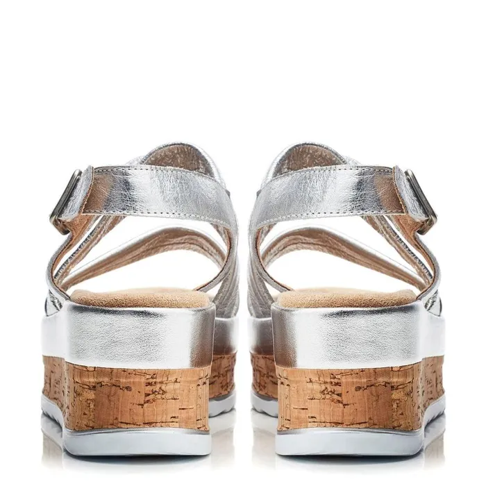 Women Moda In Pelle Wedge Sandals Romani Silver Leather
