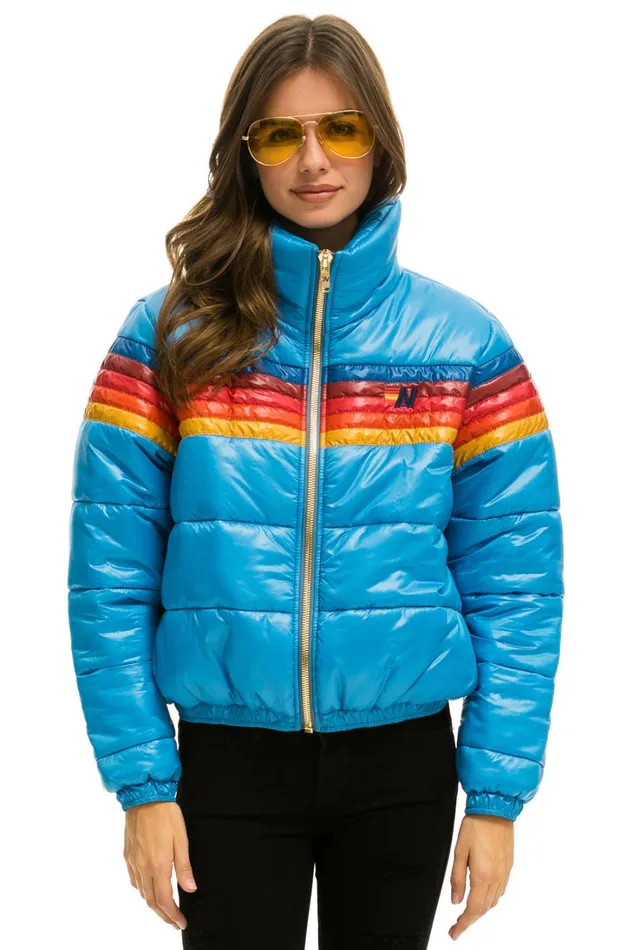 Women Outerwear Aviator Nation 5 STRIPE LUXE APRES PUFFER JACKET 8211 GLOSSY OCEAN