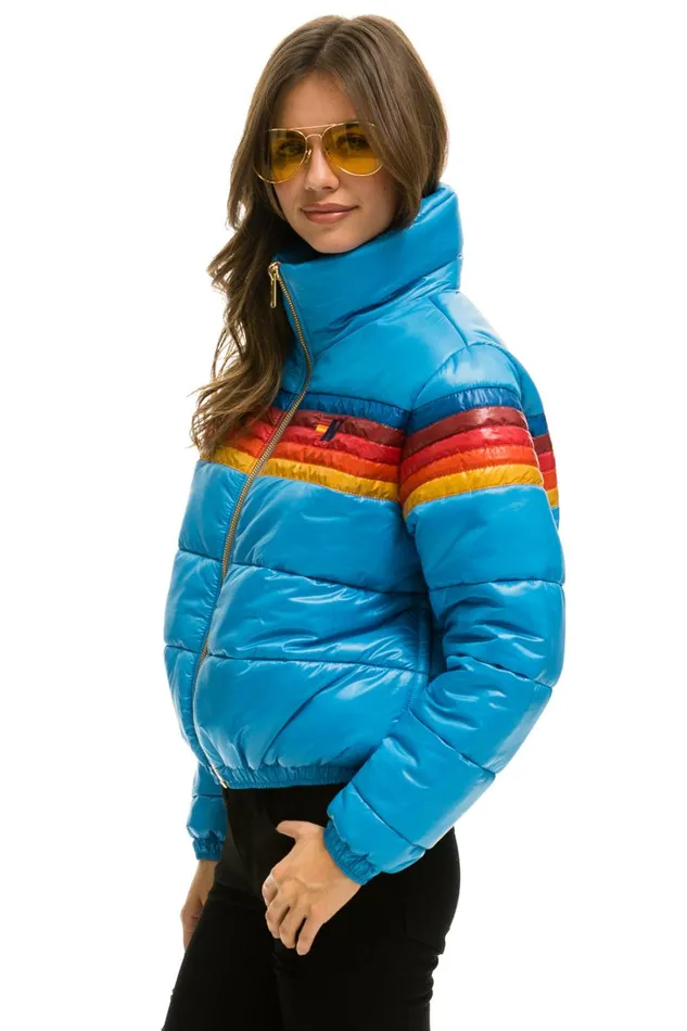 Women Outerwear Aviator Nation 5 STRIPE LUXE APRES PUFFER JACKET 8211 GLOSSY OCEAN Women Outerwear Aviator Nation 5 STRIPE LUXE APRES PUFFER JACKET 8211 GLOSSY OCEAN