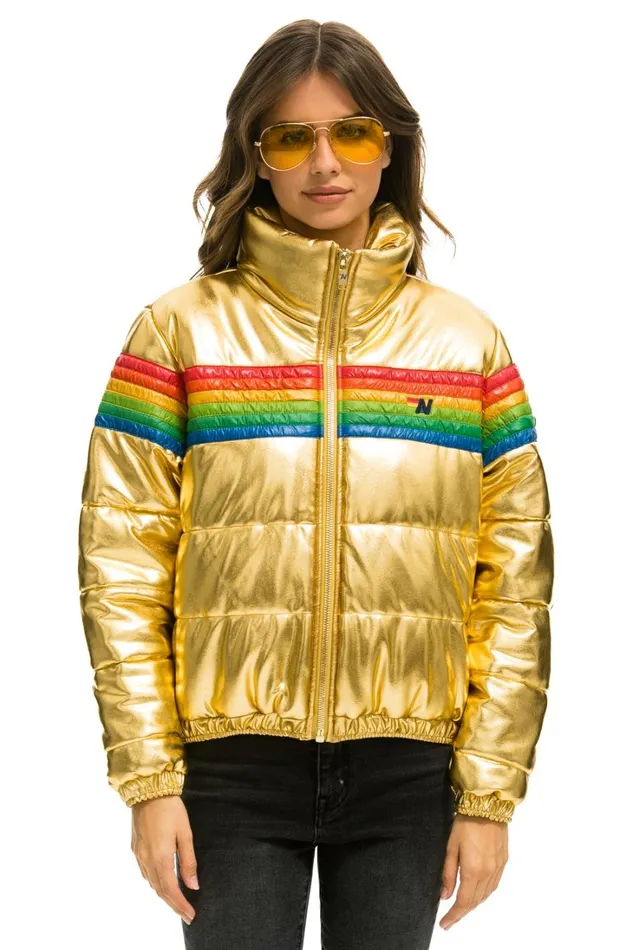 Women Outerwear Aviator Nation 6 STRIPE LUXE APRES PUFFER JACKET 8211 GLOSSY GOLDEN