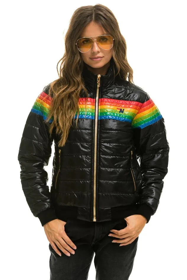 Women Outerwear Aviator Nation 6 STRIPE RAINBOW SLEEVE JACKET 8211 GLOSSY BLACK