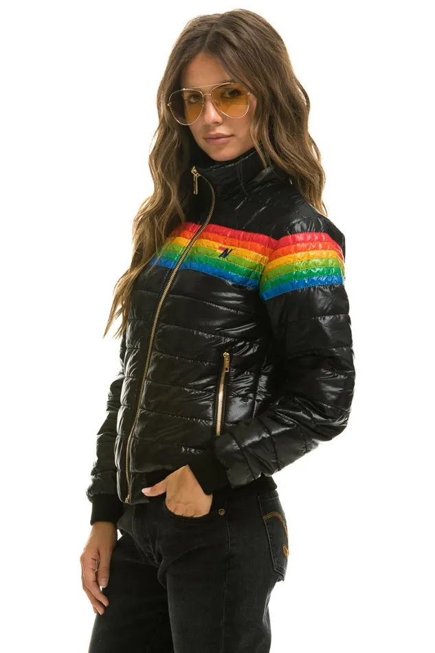 Women Outerwear Aviator Nation 6 STRIPE RAINBOW SLEEVE JACKET 8211 GLOSSY BLACK Women Outerwear Aviator Nation 6 STRIPE RAINBOW SLEEVE JACKET 8211 GLOSSY BLACK