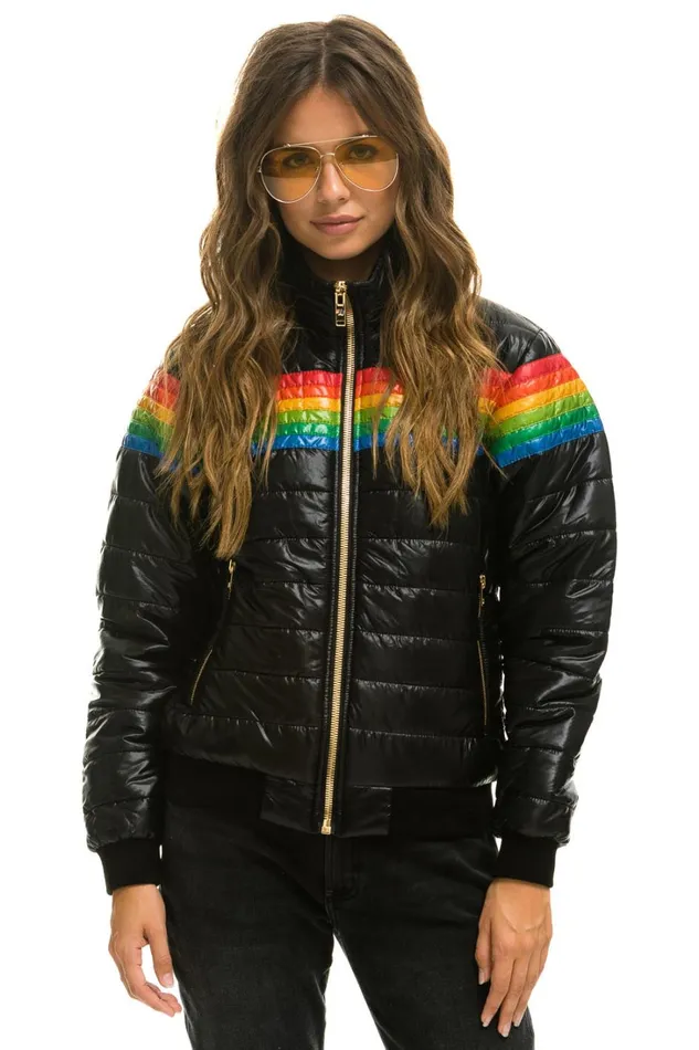 Women Outerwear Aviator Nation 6 STRIPE RAINBOW SLEEVE JACKET 8211 GLOSSY BLACK Women Outerwear Aviator Nation 6 STRIPE RAINBOW SLEEVE JACKET 8211 GLOSSY BLACK