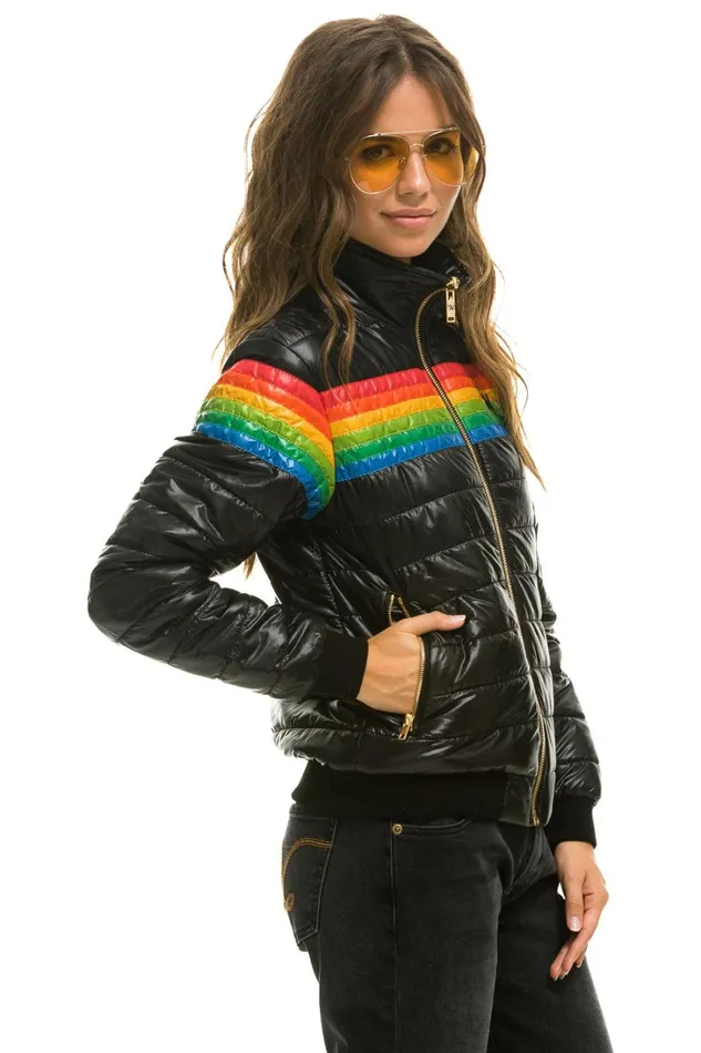 Women Outerwear Aviator Nation 6 STRIPE RAINBOW SLEEVE JACKET 8211 GLOSSY BLACK Women Outerwear Aviator Nation 6 STRIPE RAINBOW SLEEVE JACKET 8211 GLOSSY BLACK