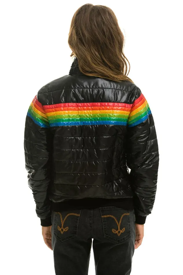 Women Outerwear Aviator Nation 6 STRIPE RAINBOW SLEEVE JACKET 8211 GLOSSY BLACK Women Outerwear Aviator Nation 6 STRIPE RAINBOW SLEEVE JACKET 8211 GLOSSY BLACK