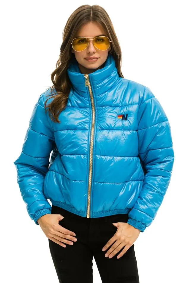 Women Outerwear Aviator Nation BOLT LUXE APRES PUFFER JACKET 8211 GLOSSY OCEAN