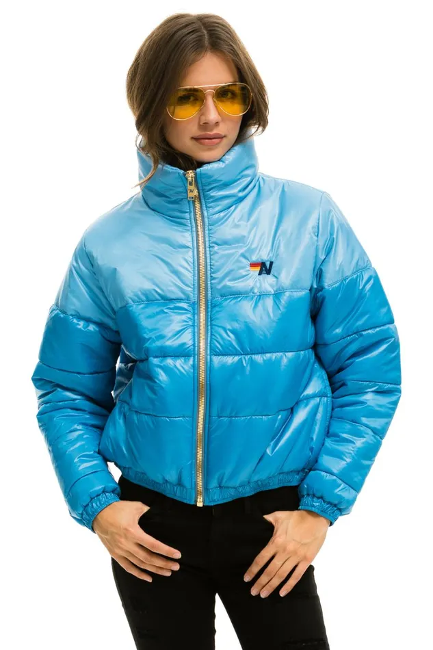 Women Outerwear Aviator Nation COLOR BLOCK HALF AND HALF APRES PUFFER JACKET 8211 SKY GLOSSY