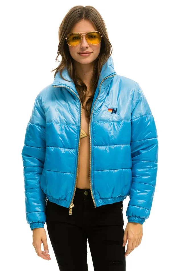 Women Outerwear Aviator Nation COLOR BLOCK HALF AND HALF APRES PUFFER JACKET 8211 SKY GLOSSY Women Outerwear Aviator Nation COLOR BLOCK HALF AND HALF APRES PUFFER JACKET 8211 SKY GLOSSY