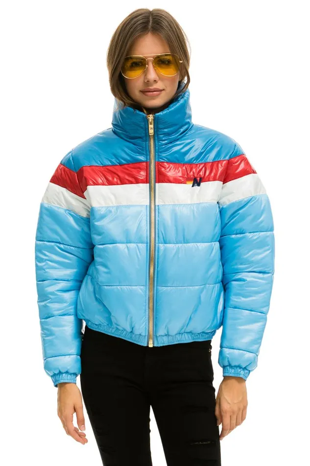 Women Outerwear Aviator Nation COLOR BLOCK LUXE APRES PUFFER JACKET 8211 SKY GLOSSY