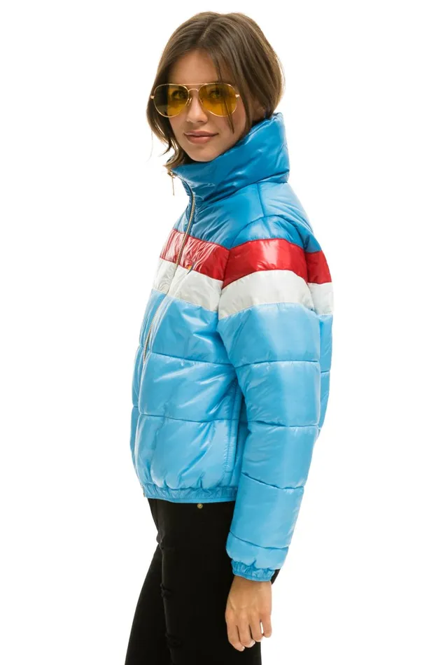 Women Outerwear Aviator Nation COLOR BLOCK LUXE APRES PUFFER JACKET 8211 SKY GLOSSY