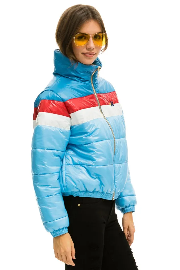 Women Outerwear Aviator Nation COLOR BLOCK LUXE APRES PUFFER JACKET 8211 SKY GLOSSY