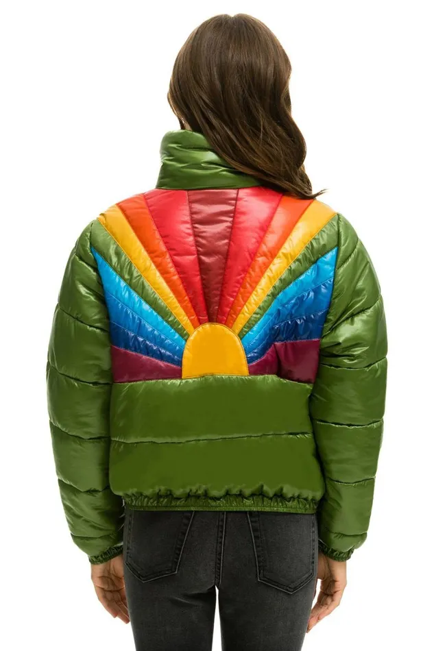 Women Outerwear Aviator Nation SUNBURST APRES PUFFER JACKET 8211 GLOSSY GARDEN GREEN