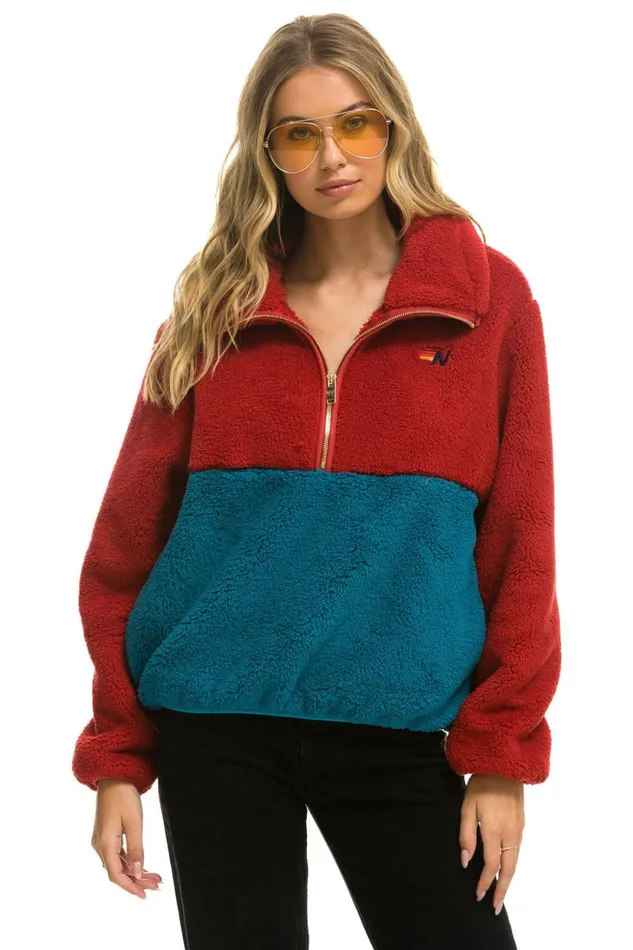 Women Outerwear Aviator Nation TEDDY APRES HALF ZIP COLOR BLOCK JACKET 8211 CHERRY