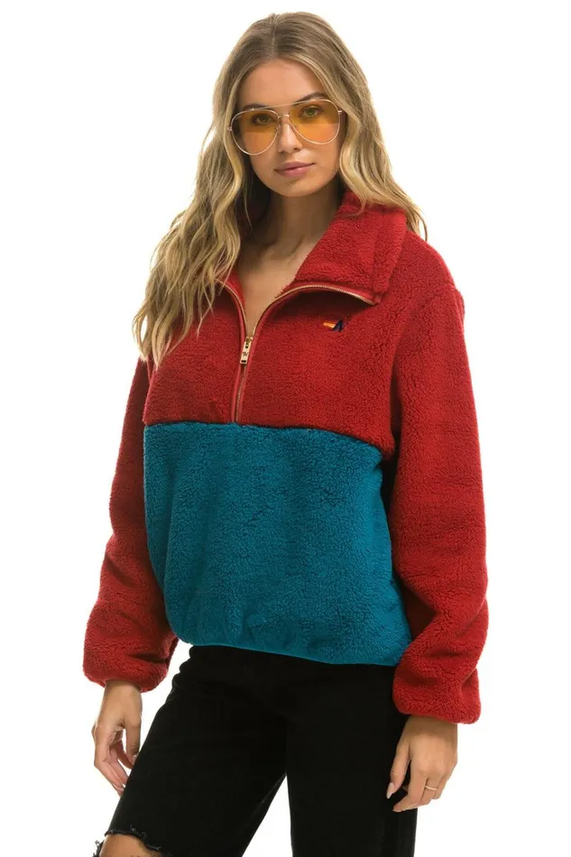 Women Outerwear Aviator Nation TEDDY APRES HALF ZIP COLOR BLOCK JACKET 8211 CHERRY