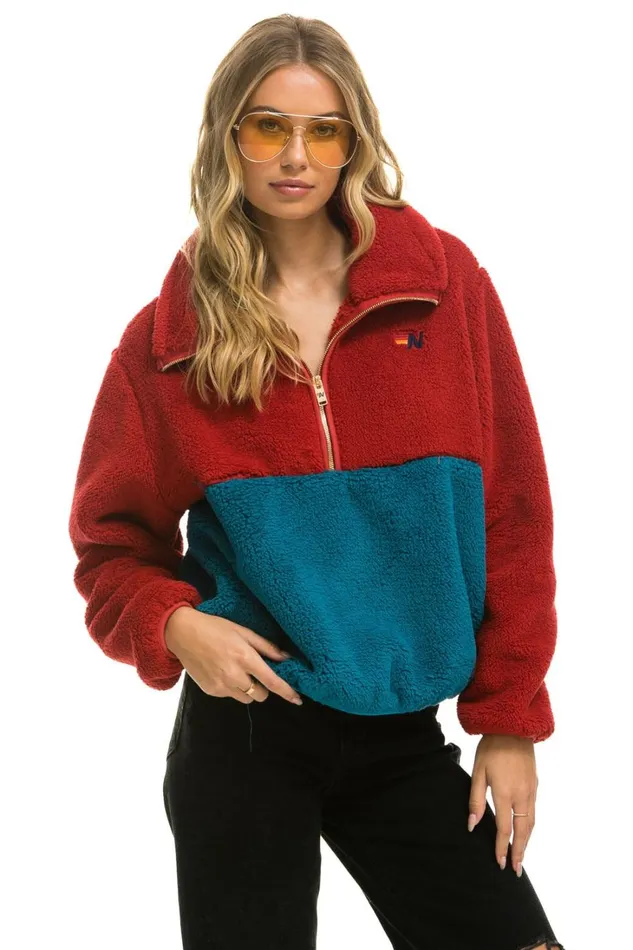 Women Outerwear Aviator Nation TEDDY APRES HALF ZIP COLOR BLOCK JACKET 8211 CHERRY
