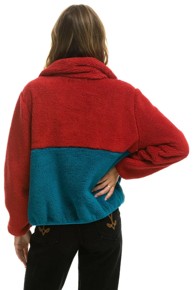 Women Outerwear Aviator Nation TEDDY APRES HALF ZIP COLOR BLOCK JACKET 8211 CHERRY