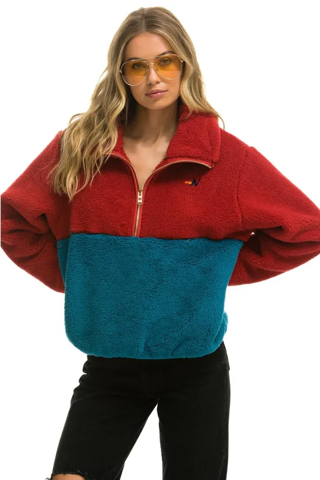 Women Outerwear Aviator Nation TEDDY APRES HALF ZIP COLOR BLOCK JACKET 8211 CHERRY