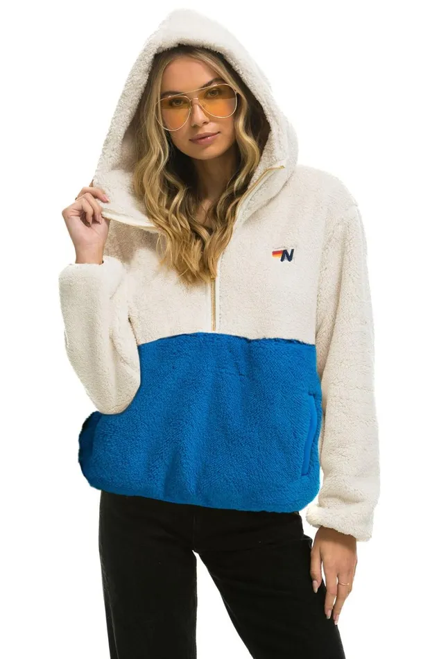 Women Outerwear Aviator Nation TEDDY UNISEX HOODED HALF ZIP COLOR BLOCK JACKET 8211 VINTAGE WHITE