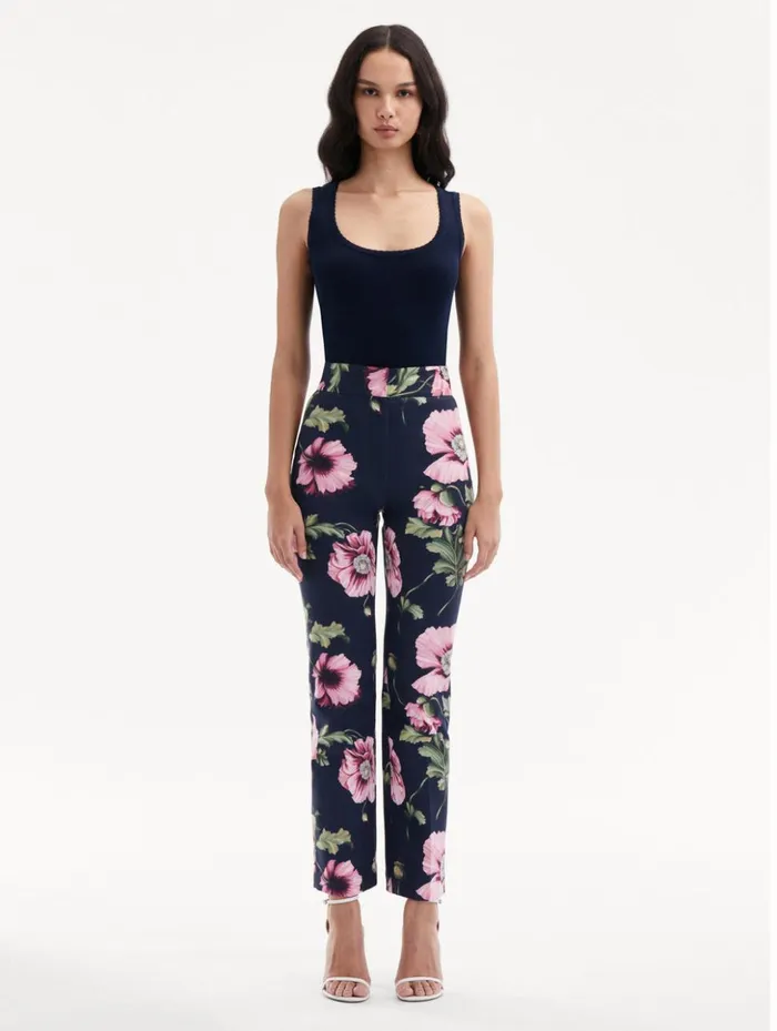 Women Pants and Skirts Oscar De La Renta Poppy Cotton Twill Pant Navy Pink