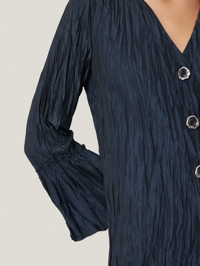 Women Plisse Button Up Top Navy Jigsaw Shirts and Tops