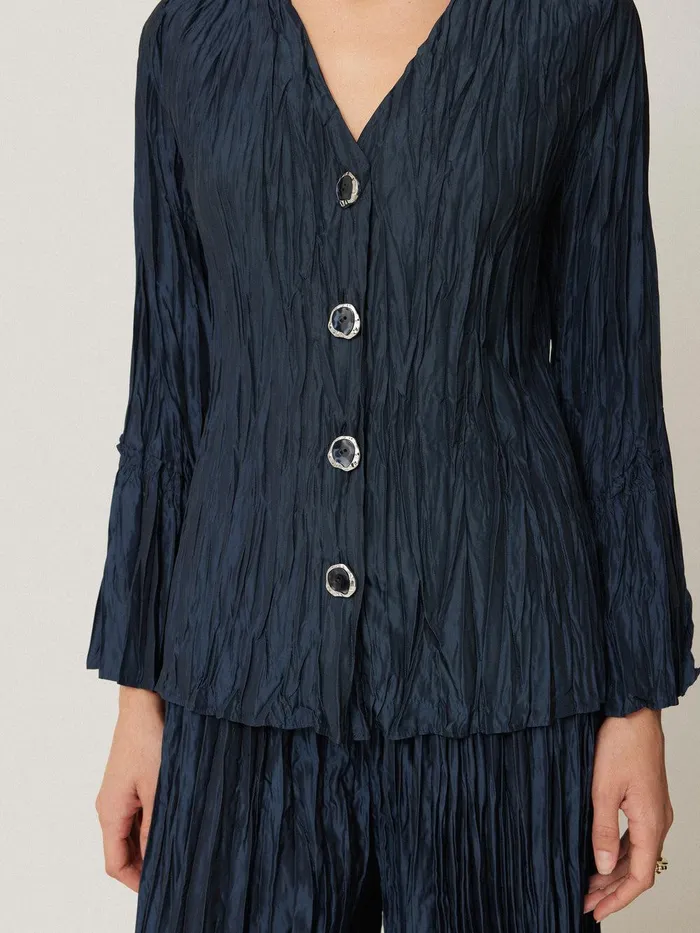 Women Plisse Button Up Top Navy Jigsaw Shirts and Tops