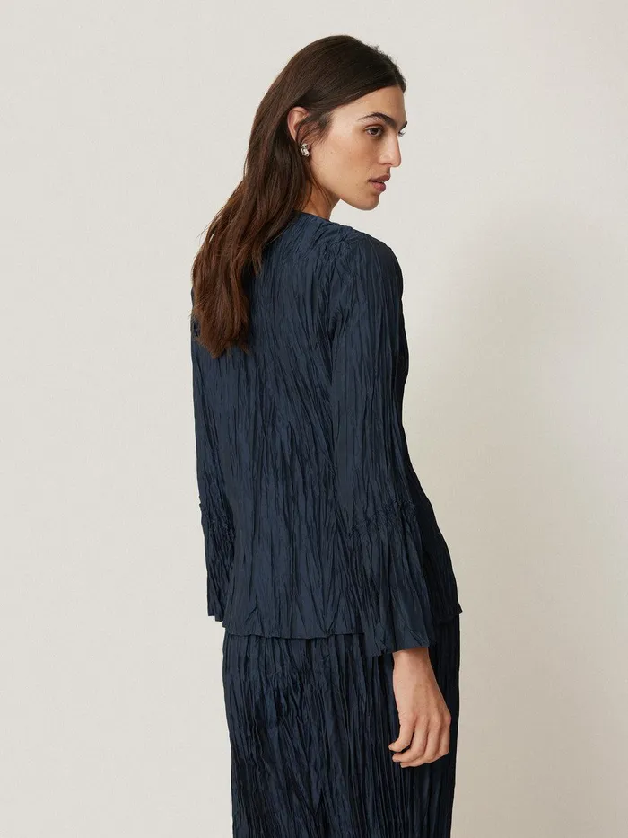 Women Plisse Button Up Top Navy Jigsaw Shirts and Tops