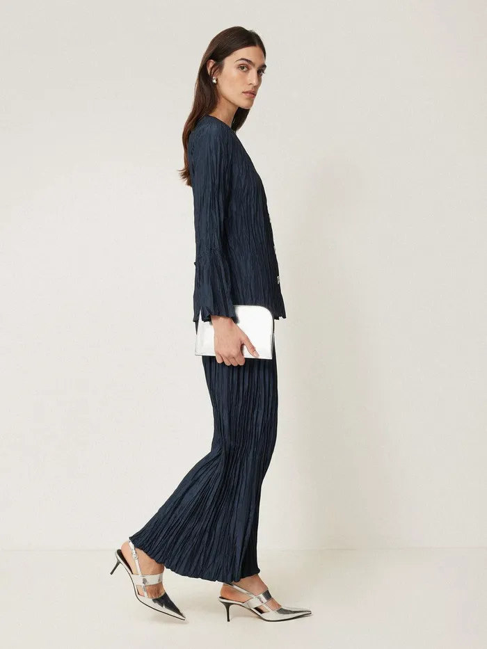 Women Plisse Button Up Top Navy Jigsaw Shirts and Tops
