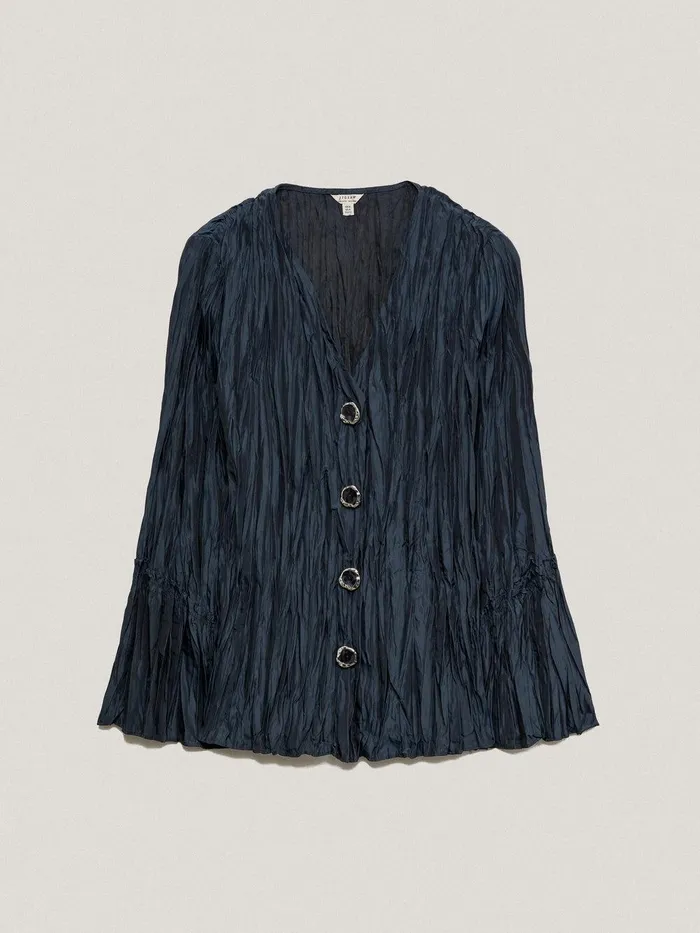 Women Plisse Button Up Top Navy Jigsaw Shirts and Tops