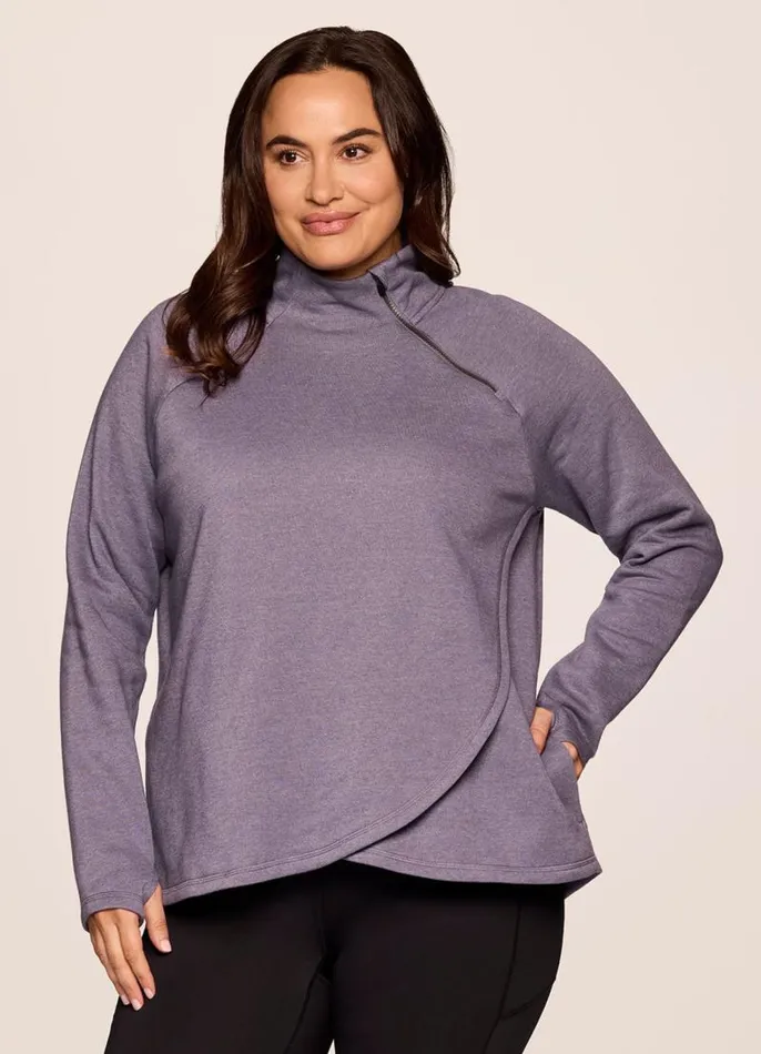 Women Plus Prime Ready To Roll Fleece Zip Mock Neck Pullover Grape RBX Active Long Sleeve