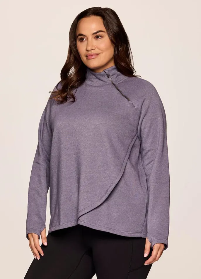 Women Plus Prime Ready To Roll Fleece Zip Mock Neck Pullover Grape RBX Active Long Sleeve