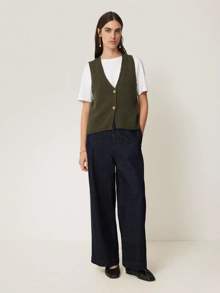 Women Pure Cotton Knitted Waistcoat Khaki Jigsaw Knitwear and Cashmere