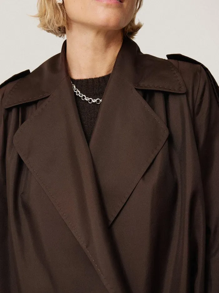 Women Pure Silk Trench Coat Chocolate Jigsaw Coats and Jackets