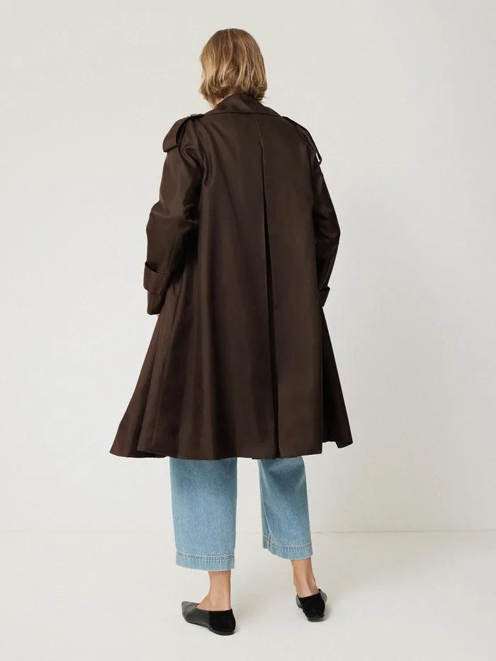 Women Pure Silk Trench Coat Chocolate Jigsaw Coats and Jackets