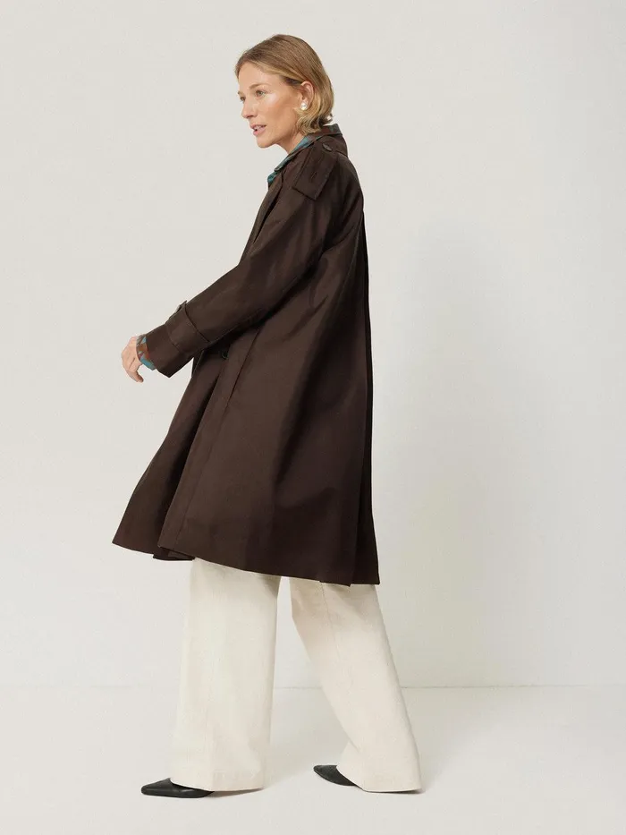 Women Pure Silk Trench Coat Chocolate Jigsaw Coats and Jackets