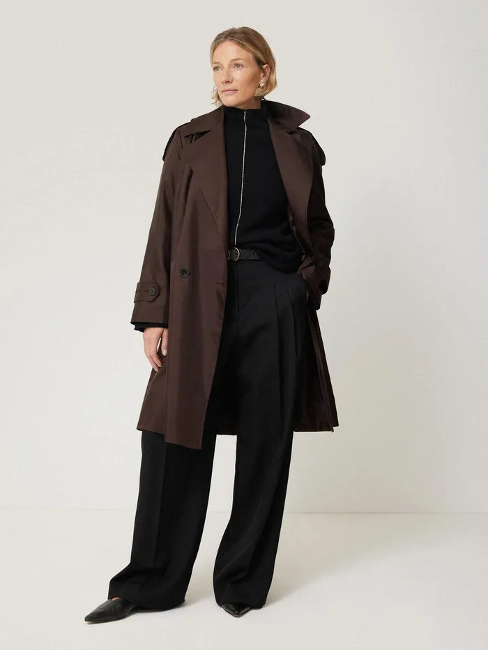 Women Pure Silk Trench Coat Chocolate Jigsaw Coats and Jackets