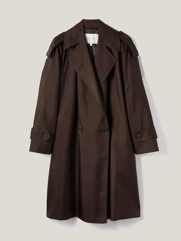 Women Pure Silk Trench Coat Chocolate Jigsaw Coats and Jackets