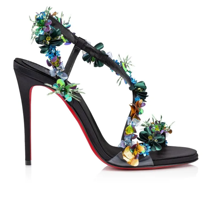 Women Rosalie Tropica 100 Mm Sandals 8211 Embroidered Crepe Satin PVC And Leather 8211 Black Christian Louboutin Sandals and Slides