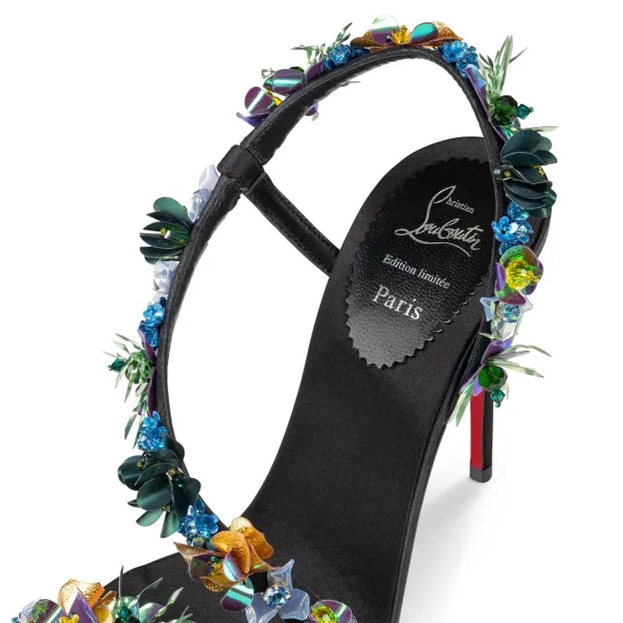 Women Rosalie Tropica 100 Mm Sandals 8211 Embroidered Crepe Satin PVC And Leather 8211 Black Christian Louboutin Sandals and Slides