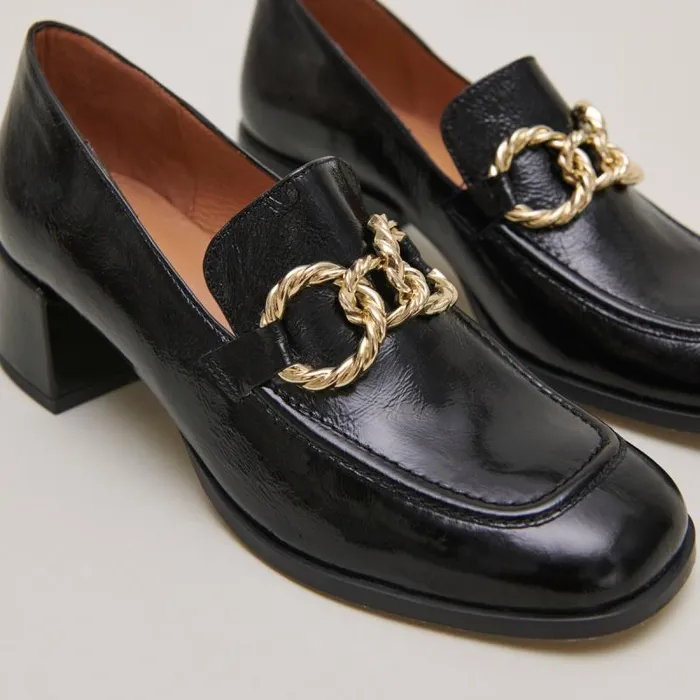 Women Roundtoed Loafers With Gold Buckles Black JONAK Loafers