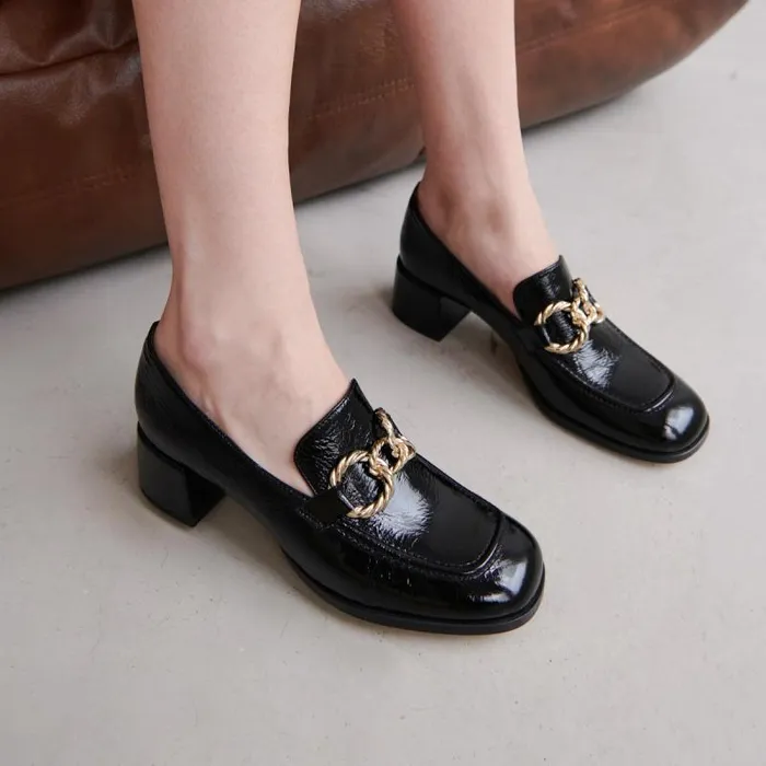 Women Roundtoed Loafers With Gold Buckles Black JONAK Loafers