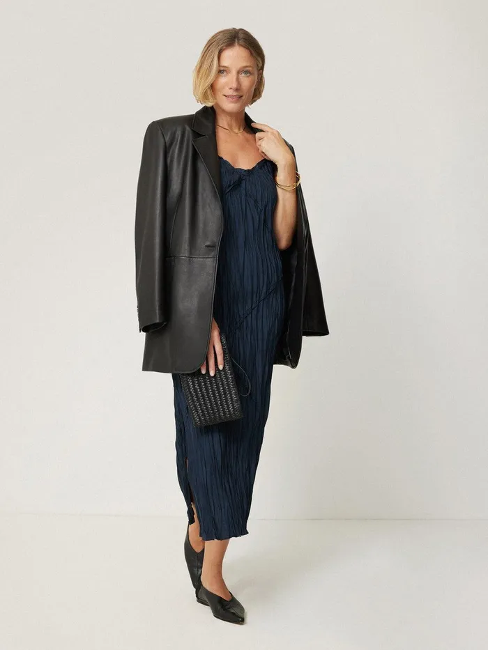 Women Satin Drape Plisse Slip Dress Navy Jigsaw Dresses and Jumpsuits