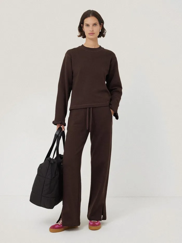 Women Satin Waistband Jersey Joggers Chocolate Jigsaw Trousers