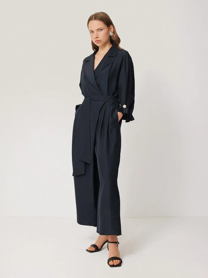 Women Silk Relaxed Wrap Jumpsuit Navy Jigsaw Party