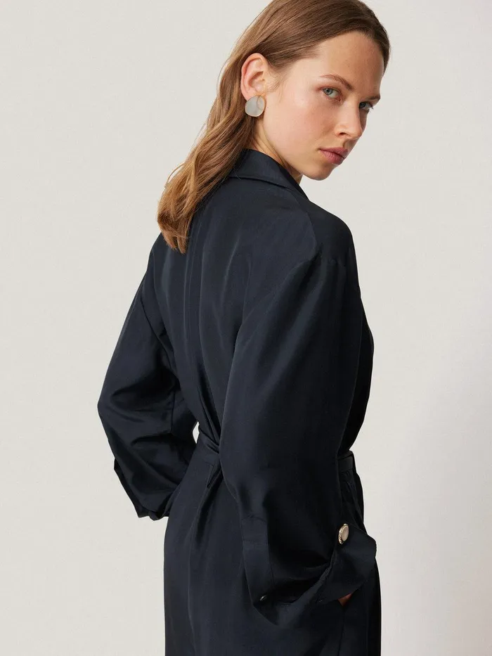 Women Silk Relaxed Wrap Jumpsuit Navy Jigsaw Party