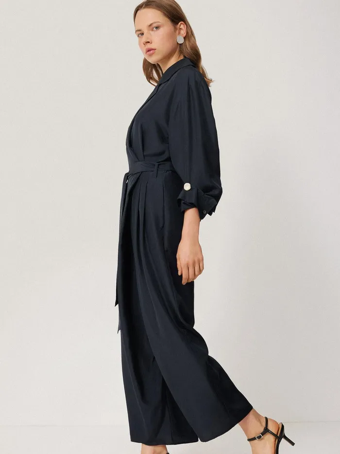 Women Silk Relaxed Wrap Jumpsuit Navy Jigsaw Party