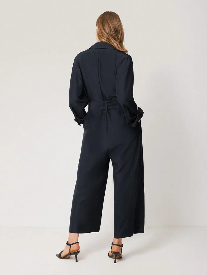 Women Silk Relaxed Wrap Jumpsuit Navy Jigsaw Party